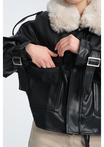 Içi ve Yakası Kürklü Suni Deri Ceket 38