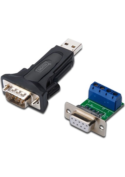 USB Erkek RS-485 (klemens) çevirici. RS-485 tarafı için klemens adaptörü ve USB tarafı için 80 cm uzatma kablosu (USB-A erkek USB- Dişi) ürünle birlikte gelmektedir.