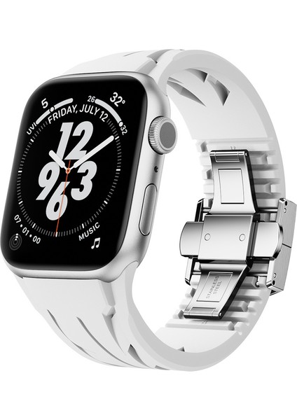 Apple Watch 44MM KRD-127 Metal Tokalı Silikon Kordon-Beyaz