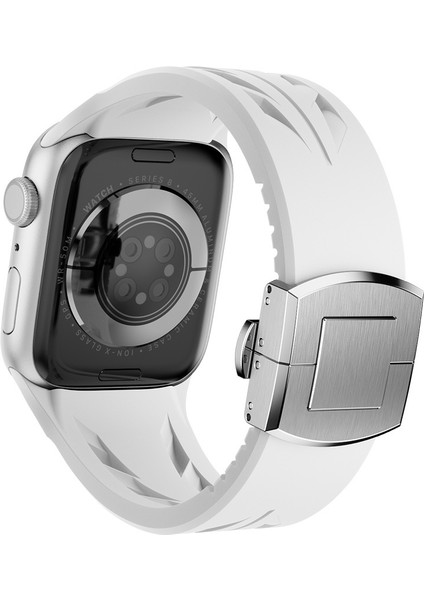 Apple Watch 7 45MM KRD-127 Metal Tokalı Silikon Kordon-Beyaz