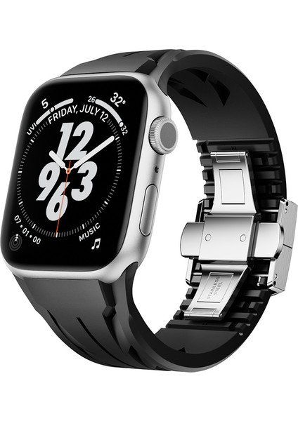 Apple Watch 7 45MM KRD-127 Metal Tokalı Silikon Kordon-Siyah