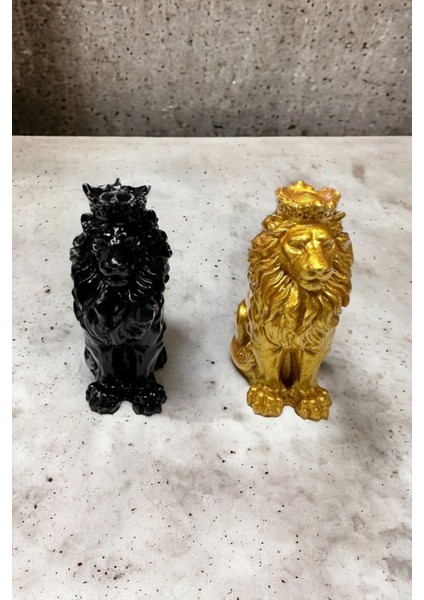 2'li Şık Aslan Dekor Obje, Gold Siyah, 10x7x4cm, Taş Tozu Materyal