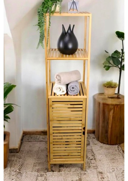 Banyo Bambu Tek Kapaklı 3 Raflı Bambu Çok Amaçlı Dik Dolap Organizer
