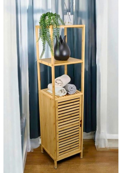 Banyo Bambu Tek Kapaklı 3 Raflı Bambu Çok Amaçlı Dik Dolap Organizer modelleri