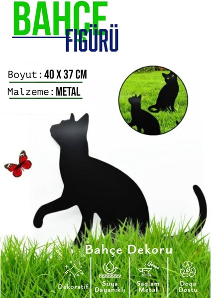 Bahçe Dekoratif Metal Süs, Kedi Figürü, Siyah, 35x28 cm