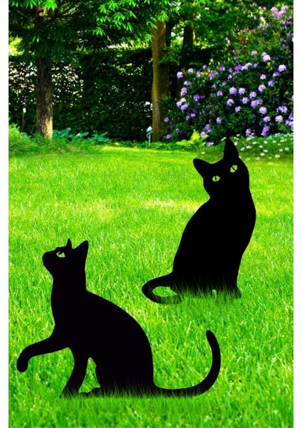 Bahçe Dekoratif Metal Süs, Kedi Figürü, Siyah, 35x28 cm