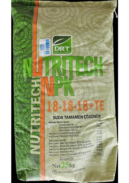 Damlama Gübresi Süper Dengeli Nutritech 18-18-18+2 MgO +Te NPK Gübre (25 Kg)