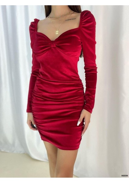 Kadın Kırmızı Kalp Yaka Kadife Uzun Kol Mini Elbise 12D-2304