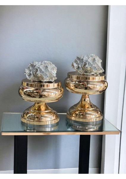 İki Parça Mercan Ayaklı Kutu ve Obje, Pembe, RoseGold/Gümüş, Metal, 4 Parça
