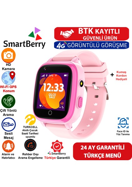 Z40 Görüntülü Görüşme Yüz Tanıma Gps Wıfı Konum Akıllı Çocuk Takip Saati Sim Kartlı - Pembe