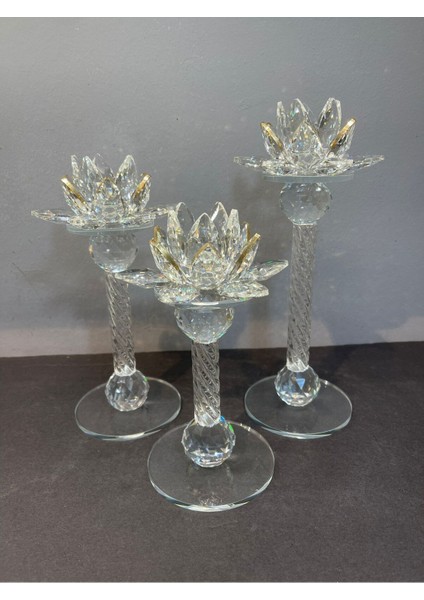Şık Kristal Cam Lotus Üçlü Mumluk, Altın Renk, 28x13 cm
