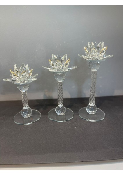 Şık Kristal Cam Lotus Üçlü Mumluk, Altın Renk, 28x13 cm