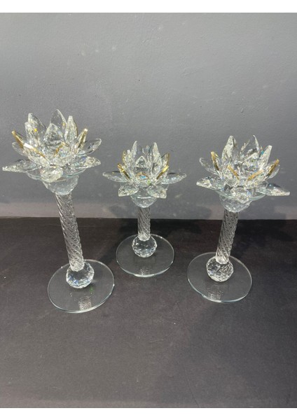 Şık Kristal Cam Lotus Üçlü Mumluk, Altın Renk, 28x13 cm