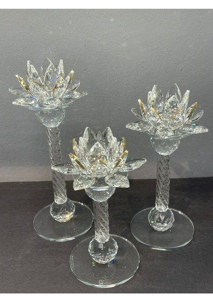 Şık Kristal Cam Lotus Üçlü Mumluk, Altın Renk, 28x13 cm