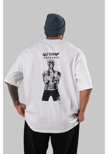 Roronoa Zoro 3 Arka Baskılı Beyaz Oversize T-Shirt Erkek Kadın Bisiklet Yaka