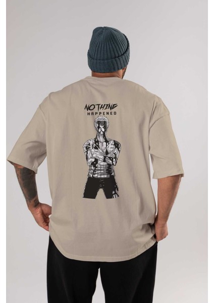 Roronoa Zoro 3 Arka Baskılı Bej Oversize T-Shirt Unisex Erkek Kadın Bisiklet Yaka