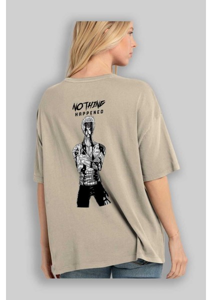 Roronoa Zoro 3 Arka Baskılı Bej Oversize T-Shirt Unisex Erkek Kadın Bisiklet Yaka modelleri