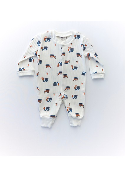 Unisex Bebek Organik Iş Makinesi Desenli Beyaz Fitilli Tulum