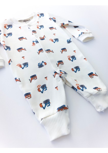 Unisex Bebek Organik Iş Makinesi Desenli Beyaz Fitilli Tulum
