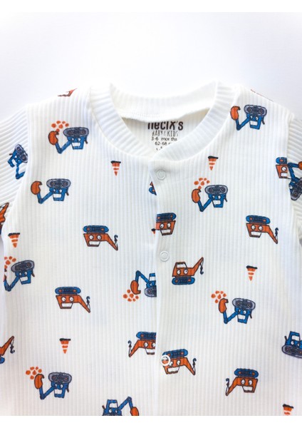 Unisex Bebek Organik Iş Makinesi Desenli Beyaz Fitilli Tulum
