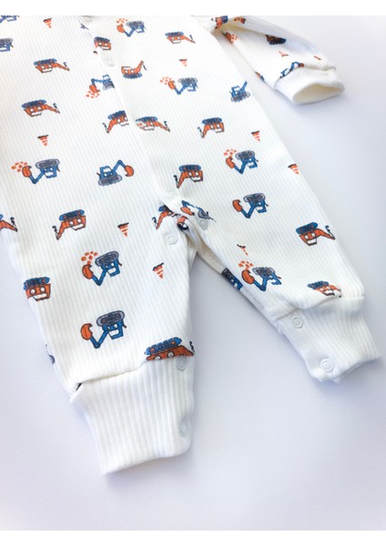 Unisex Bebek Organik Iş Makinesi Desenli Beyaz Fitilli Tulum