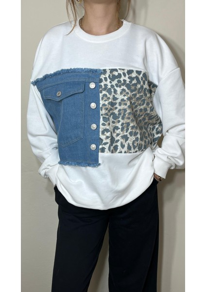 Kot Cepli Leopar Desenli Kadın Sweatshirt