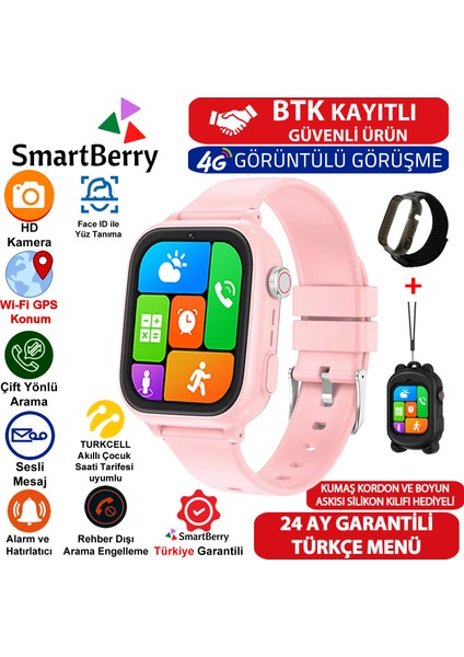Z53 Görüntülü Görüşme Gps Wıfı Net Konum Gizli Dinleme Akıllı Çocuk Takip Saati Sim Kartlı - Pembe