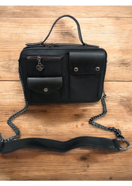 Siyah -Viyana Deri 5 Gözlü Genis Iç Hacimli Askılı Çanta , Çapraz Çanta