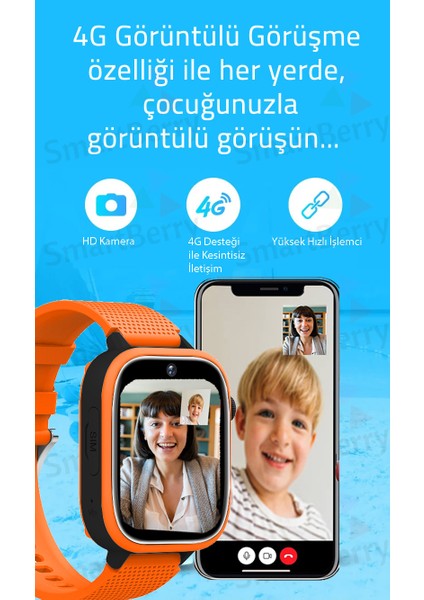 Z51 Görüntülü Görüşme Gps Wıfı Net Konum Gizli Dinleme Akıllı Çocuk Takip Saati Sim Kartlı - Turuncu