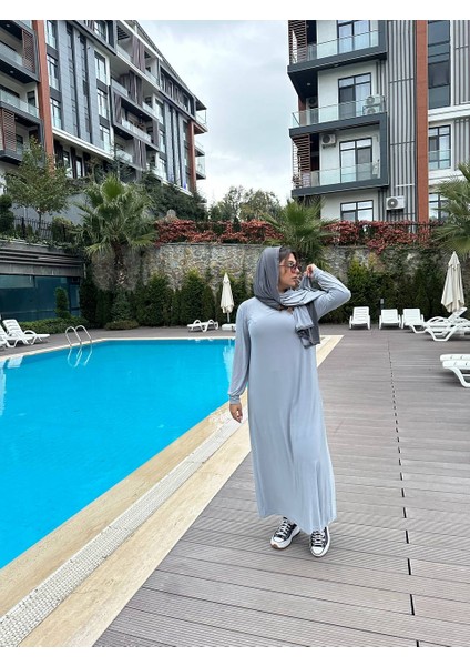 Gri Sabit Başörtülü Poliamid Esnek Namaz Spor Havuz Elbise