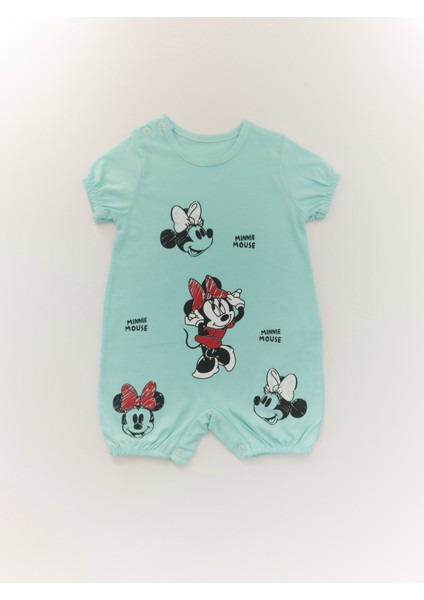 Bebek Minnie Mouse Baskılı Çıtçıtllı Mint Kısa Tulum