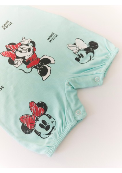 Bebek Minnie Mouse Baskılı Çıtçıtllı Mint Kısa Tulum