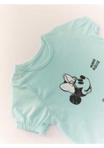 Bebek Minnie Mouse Baskılı Çıtçıtllı Mint Kısa Tulum