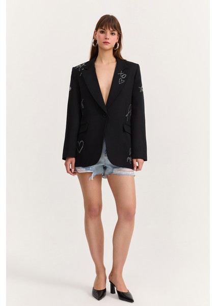 Taş Aksesuarlı Kalpli Blazer Ceket Siyah modelleri