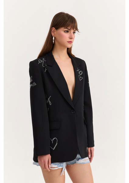 Taş Aksesuarlı Kalpli Blazer Ceket Siyah fırsatları