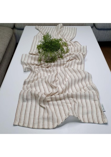 Natural Dokuma Çizgili Kumaş Keten Efektli Runner