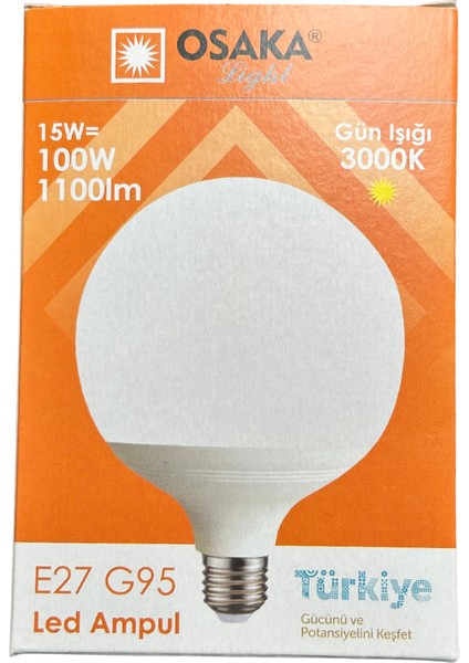 15W (100W) 3000K (Günışığı) E27 Duylu G95 LED Glop Ampul (4 Adet)