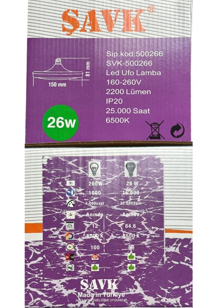 26W (260W) 6500K (Beyaz Işık) E27 Duylu LED Ufo Ampul (4 Adet)