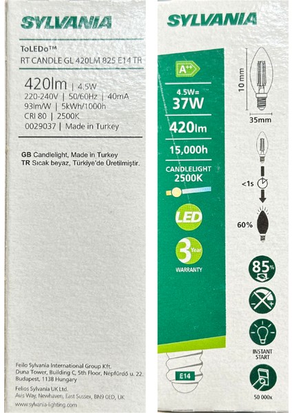 4,5W (37W) 2500K (Sarı Işık) E14 Duylu Eski Tip Görünümlü LED Ampul (10 Adet)