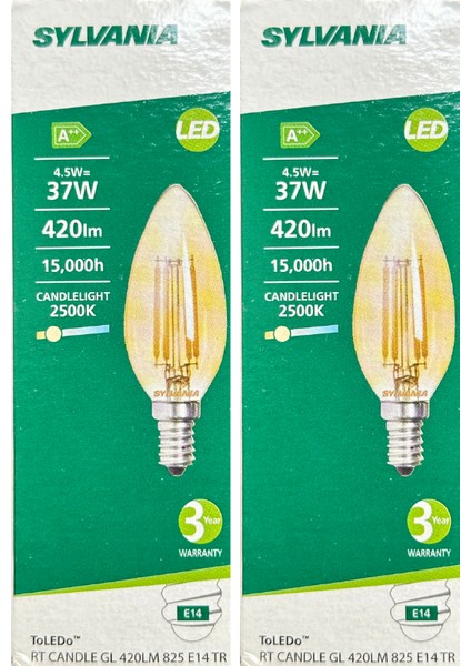 4,5W (37W) 2500K (Sarı Işık) E14 Duylu Eski Tip Görünümlü LED Ampul (2 Adet)