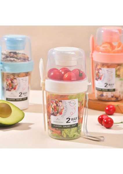 2 Katmanlı Bpa Içermeyen Salata ve Atıştırmalık Kabı - Sos Hazneli, Taşıma Ipli ve Kaşık/çatal Setli