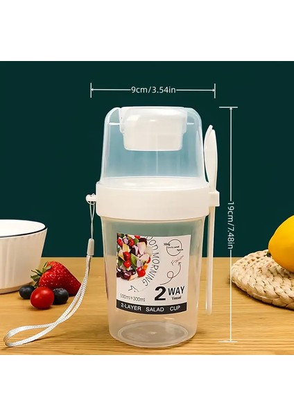 2 Katmanlı Bpa Içermeyen Salata ve Atıştırmalık Kabı - Sos Hazneli, Taşıma Ipli ve Kaşık/çatal Setli