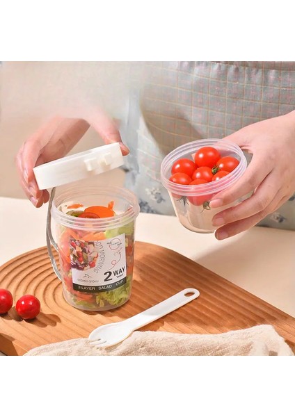 2 Katmanlı Bpa Içermeyen Salata ve Atıştırmalık Kabı - Sos Hazneli, Taşıma Ipli ve Kaşık/çatal Setli