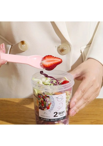 2 Katmanlı Bpa Içermeyen Salata ve Atıştırmalık Kabı - Sos Hazneli, Taşıma Ipli ve Kaşık/çatal Setli
