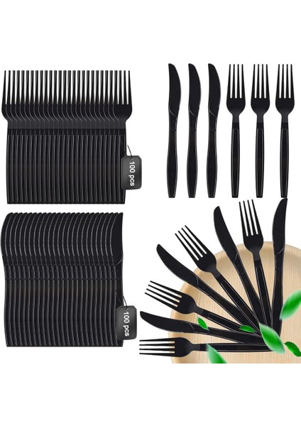 Plastik Siyah Çatal Bıçak Seti Takımı- 50 Ad. Çatal + 50 Adet Bıçak - 18 cm .