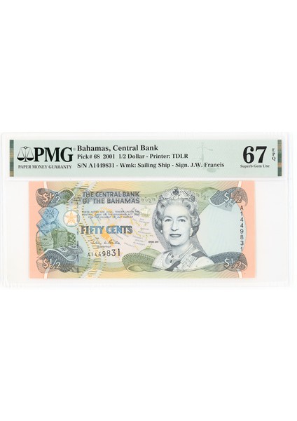 Bahamas 1/2 Dollar 2001 Pick#68 Pmg 67 Epq – Unc *çil Banknot Kraliçe
