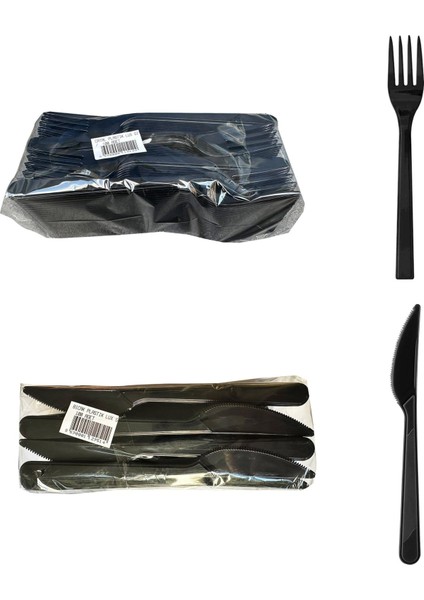Plastik Siyah Çatal Bıçak Seti Takımı- 100 Ad. Çatal + 100 Adet Bıçak - 18 Cm.