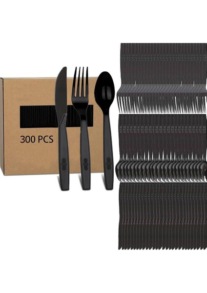Plastik Siyah Çatal Kaşık Bıçak Seti Takımı- 100 Ad. Çatal + 100 Ad. Bıçak + 100 Ad. Kaşık - 18 cm .