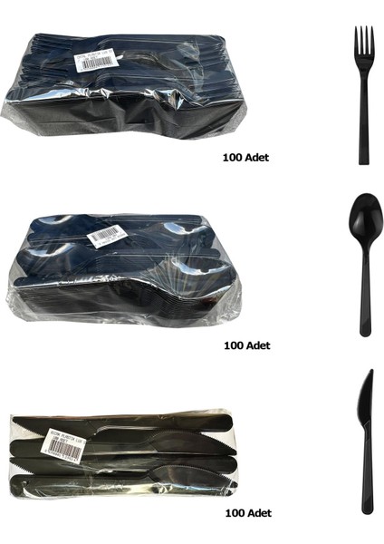 Plastik Siyah Çatal Kaşık Bıçak Seti Takımı- 100 Ad. Çatal + 100 Ad. Bıçak + 100 Ad. Kaşık - 18 cm . fiyatları