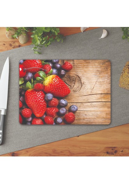 Renkli cam kesme tahtası, çilek ve ahşap desen, 25x35 cm, 1 parça